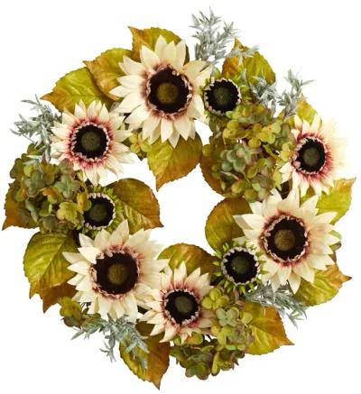 HomPlanti 24" White Sunflower and Hydrangea Artificial Autumn Wreath