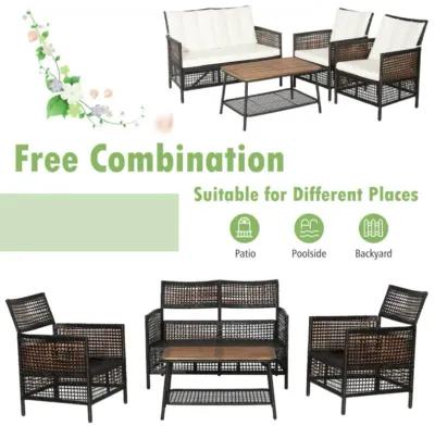 Hivvago 4 Pieces Patio Rattan Furniture Set with 2-Tier Coffee Table