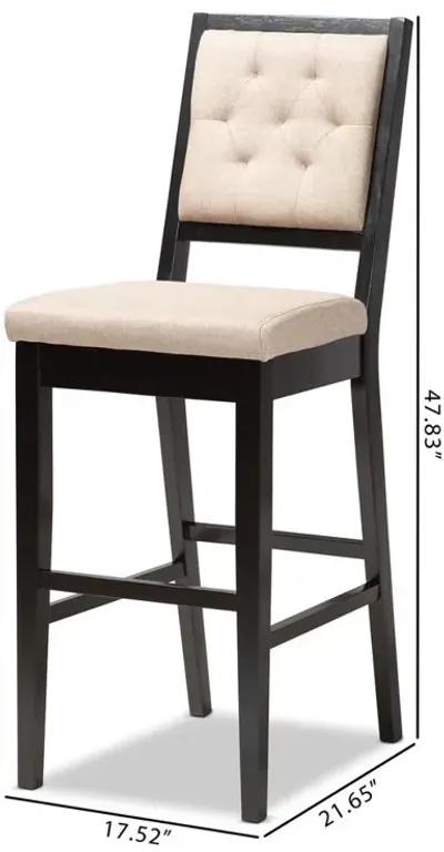 Sand Fabric Upholstered and Dark Brown Finished Wood 2-Piece Bar Stool Set