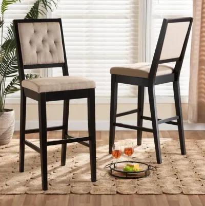 Sand Fabric Upholstered and Dark Brown Finished Wood 2-Piece Bar Stool Set