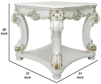 Jess 31 Inch Side End Table, Classic Scrolled Legs, White, Brushed Gold  - Benzara