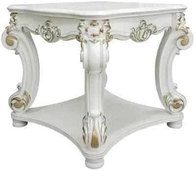 Jess 31 Inch Side End Table, Classic Scrolled Legs, White, Brushed Gold  - Benzara