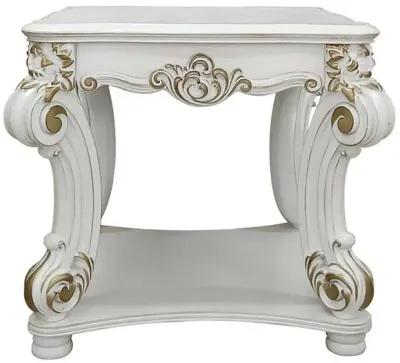 Jess 31 Inch Side End Table, Classic Scrolled Legs, White, Brushed Gold  - Benzara