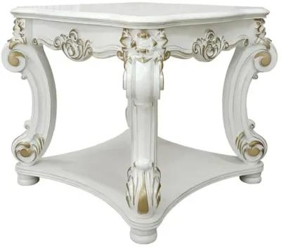 Jess 31 Inch Side End Table, Classic Scrolled Legs, White, Brushed Gold  - Benzara