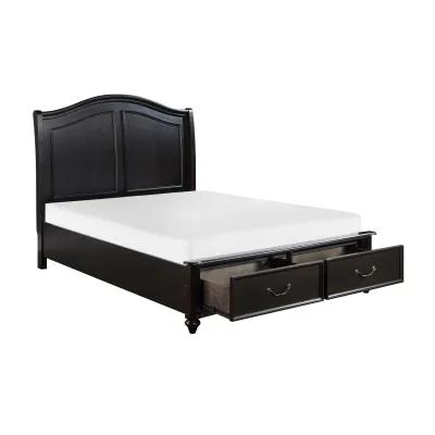 Vix Queen Size Platform Bed, Panel Arch Design, 2 Storage Drawers, Black - Benzara