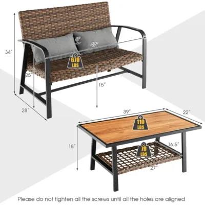 Hivvago 2 Pieces Patio Rattan Coffee Table Set with Shelf and Quick Dry Cushion