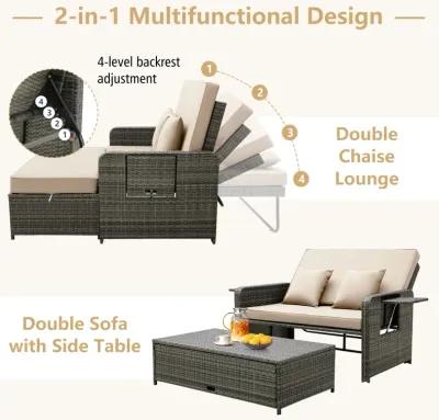 Wicker Loveseat Sofa with Multipurpose Ottoman and Retractable Side Tray