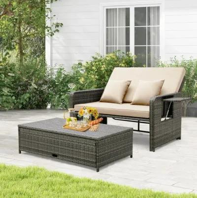 Wicker Loveseat Sofa with Multipurpose Ottoman and Retractable Side Tray