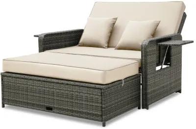 Wicker Loveseat Sofa with Multipurpose Ottoman and Retractable Side Tray