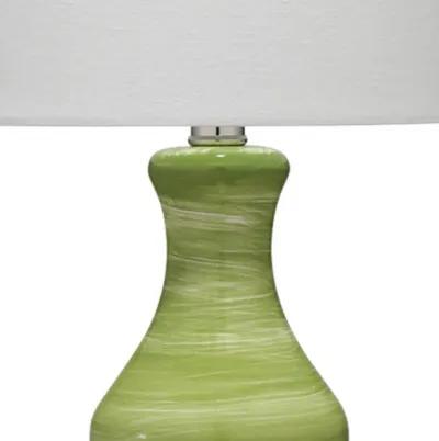 Table Lamp with Drum Shade and Ceramic Swirl Design Base, Green-Benzara