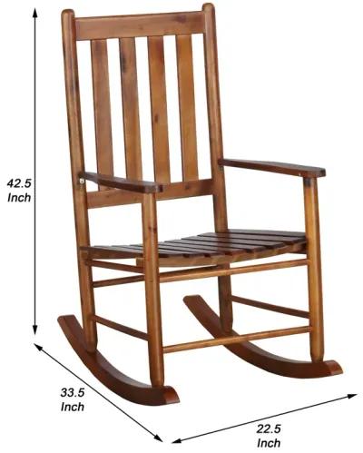 Wooden Rocking Chair with Slat Back and Mission Style, Brown-Benzara