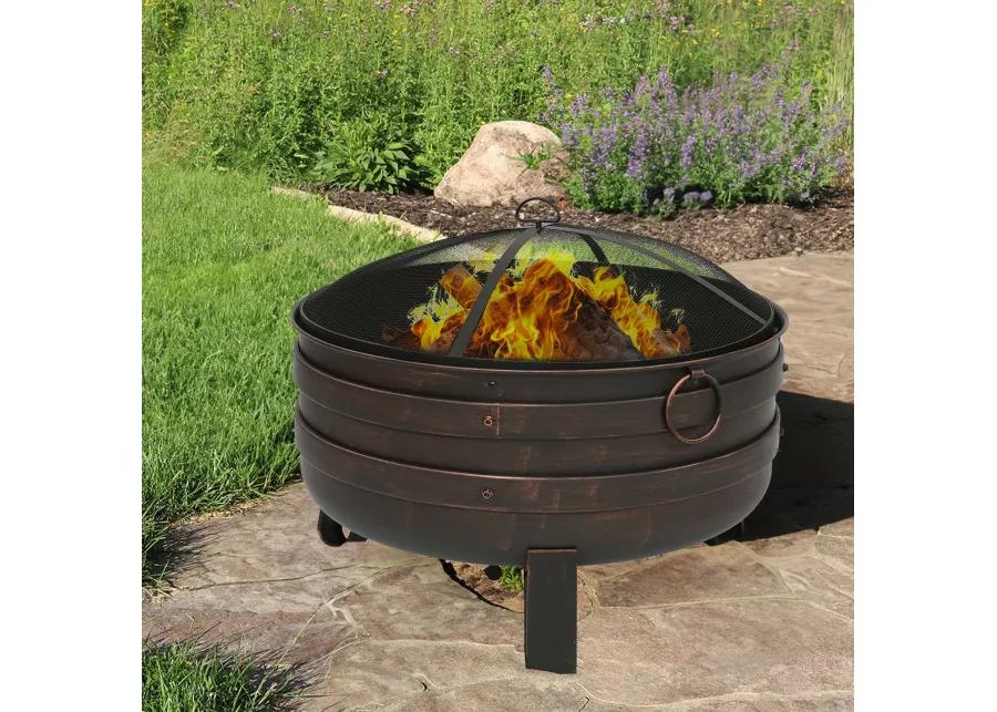 Sunnydaze 24 in Steel Cauldron Fire Pit with Spark Screen and Cover - Bronze