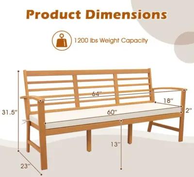 Hivvago Patio 64 Inch Wood Bench with Seat Cushion and Slatted Seat for Backyard-Off White