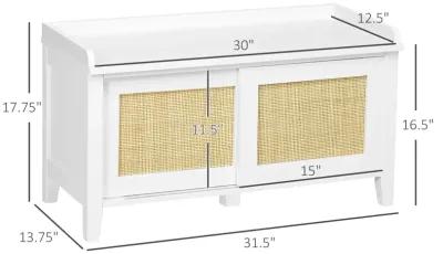 White Entryway Organizer: Shoe Bench with Rattan Sliding Doors