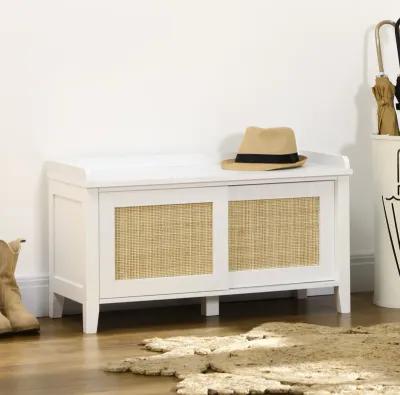 White Entryway Organizer: Shoe Bench with Rattan Sliding Doors