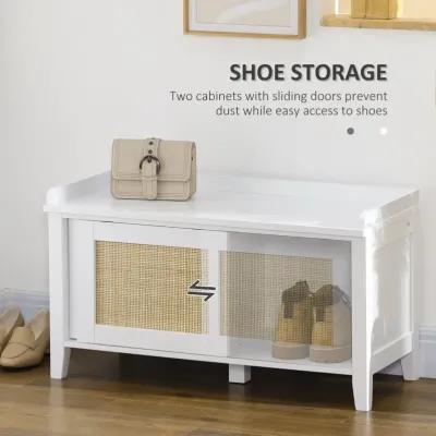 White Entryway Organizer: Shoe Bench with Rattan Sliding Doors