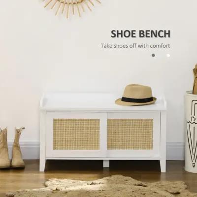 White Entryway Organizer: Shoe Bench with Rattan Sliding Doors