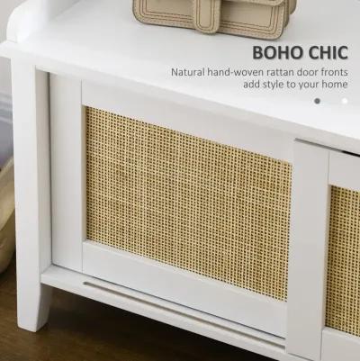 White Entryway Organizer: Shoe Bench with Rattan Sliding Doors