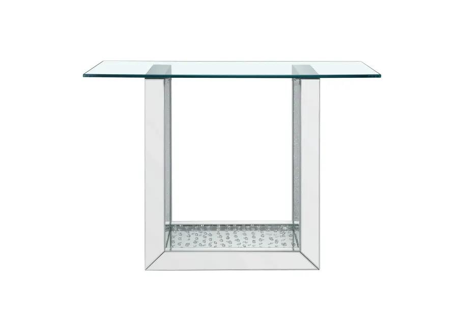 46 Inches Glass Top Console Table with Mirrored Sled Base, Silver-Benzara