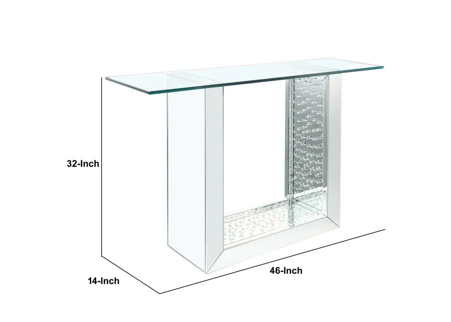 46 Inches Glass Top Console Table with Mirrored Sled Base, Silver-Benzara