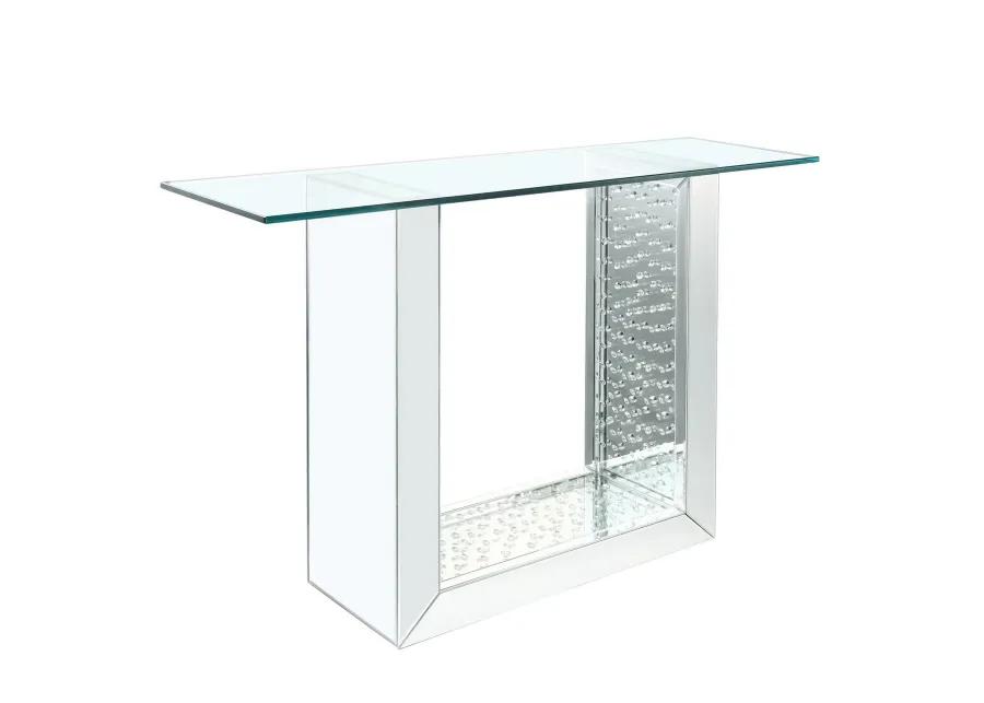 46 Inches Glass Top Console Table with Mirrored Sled Base, Silver-Benzara