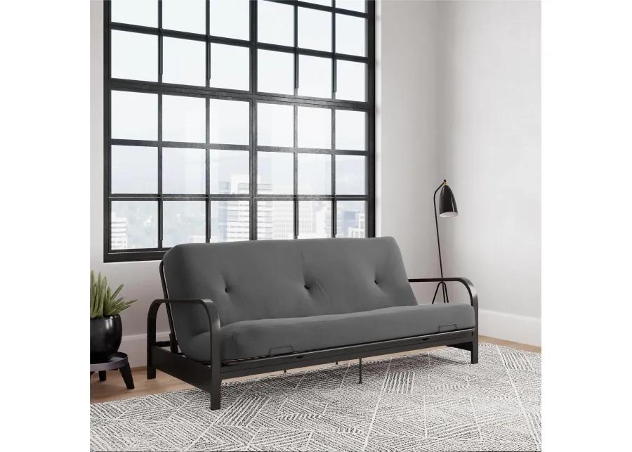 Max Black Metal Arm Full Size Futon Frame with 6” Thermobonded High Density Polyester Fill Gray Futon Mattress