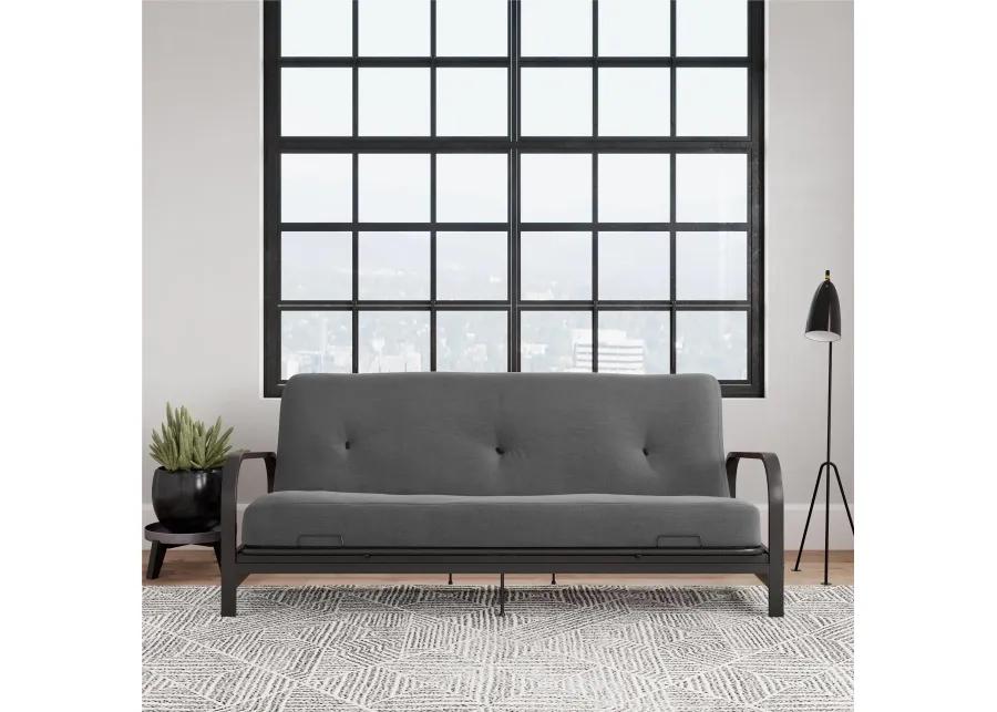 Max Black Metal Arm Full Size Futon Frame with 6” Thermobonded High Density Polyester Fill Gray Futon Mattress