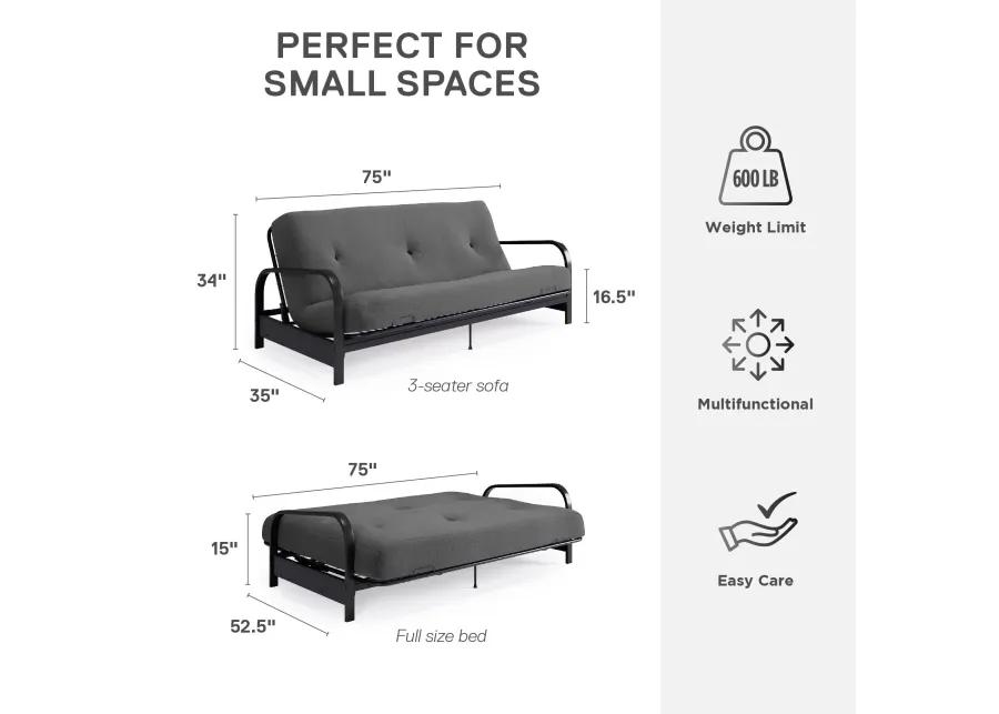 Max Black Metal Arm Full Size Futon Frame with 6” Thermobonded High Density Polyester Fill Gray Futon Mattress