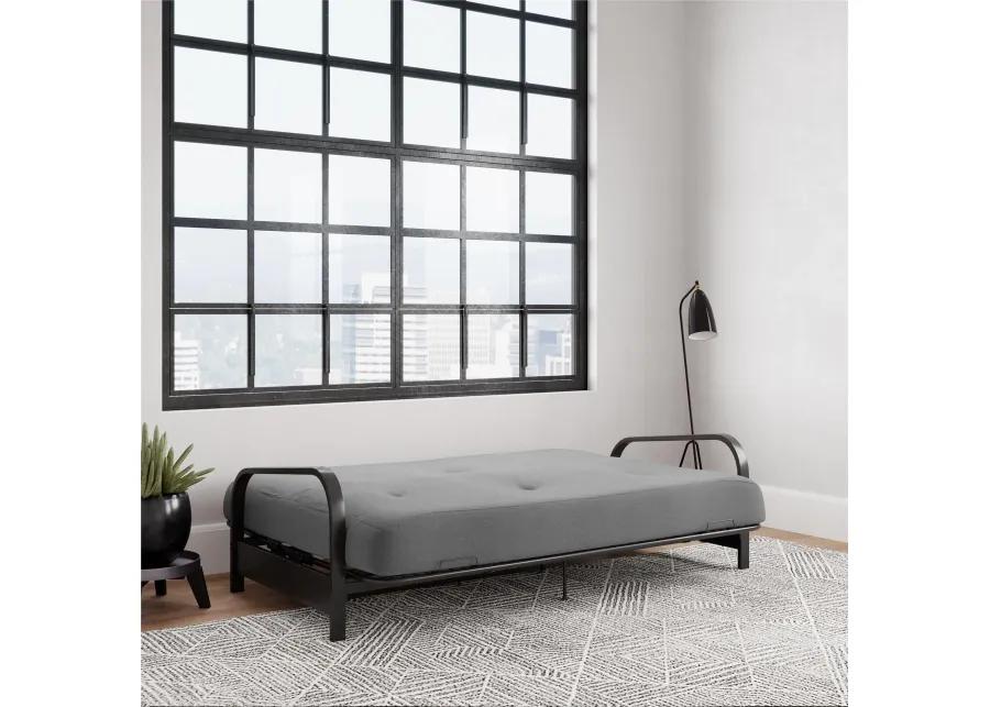 Max Black Metal Arm Full Size Futon Frame with 6” Thermobonded High Density Polyester Fill Gray Futon Mattress