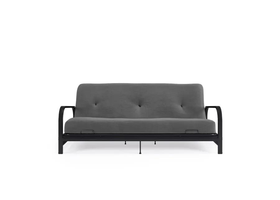 Max Black Metal Arm Full Size Futon Frame with 6” Thermobonded High Density Polyester Fill Gray Futon Mattress