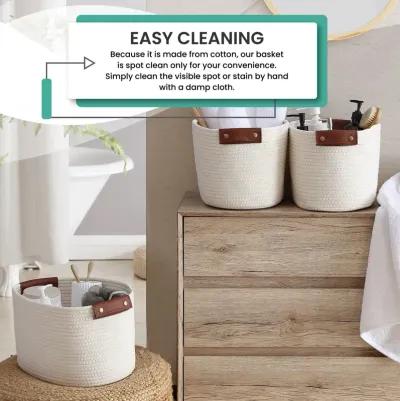 3 Pack Woven Cotton Rope Shelf Storage Basket with Leather Handles