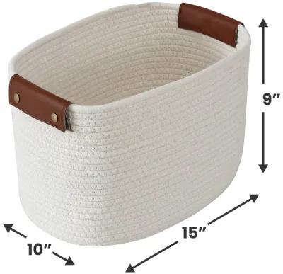 3 Pack Woven Cotton Rope Shelf Storage Basket with Leather Handles