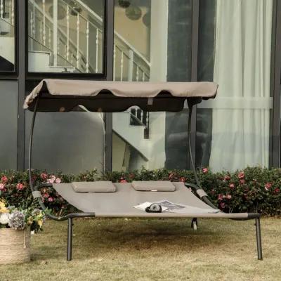 Brown Patio Lounger: Double Chaise with Canopy & Wheels