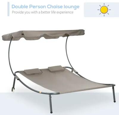 Brown Patio Lounger: Double Chaise with Canopy & Wheels