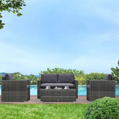 Grey Patio Conversation: 4-Piece Rattan Set with Glass Table