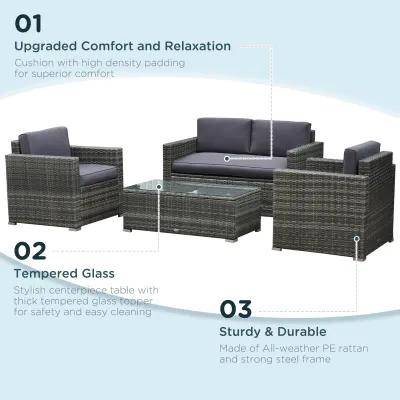 Grey Patio Conversation: 4-Piece Rattan Set with Glass Table