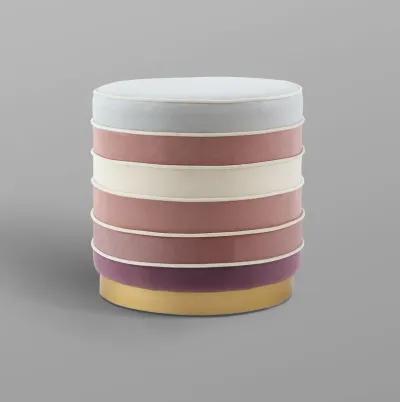 Homezia 18" Shades of Pink and Gray Velvet Striped Round Ottoman