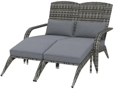 Outsunny Wicker Adirondack Chair for 2 with Cushions & Footrests, PE Rattan Fire Pit Chair for 2, Double Adirondack Patio Chair for Porch, Backyard, Garden with High-back, Wide Armrests, Gray