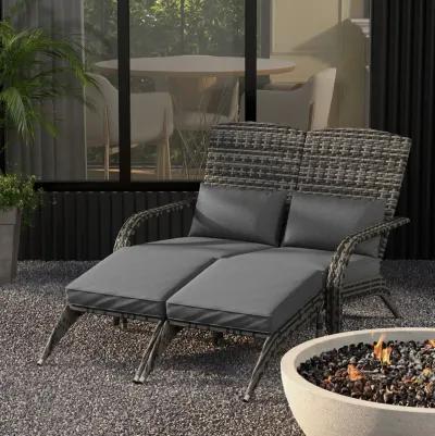 Outsunny Wicker Adirondack Chair for 2 with Cushions & Footrests, PE Rattan Fire Pit Chair for 2, Double Adirondack Patio Chair for Porch, Backyard, Garden with High-back, Wide Armrests, Gray