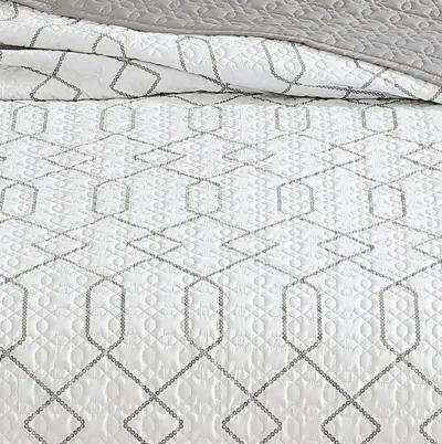 Jim 2 Piece Twin Size Reversible Coverlet Set, Geometric White and Gray - Benzara