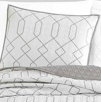 Jim 2 Piece Twin Size Reversible Coverlet Set, Geometric White and Gray - Benzara