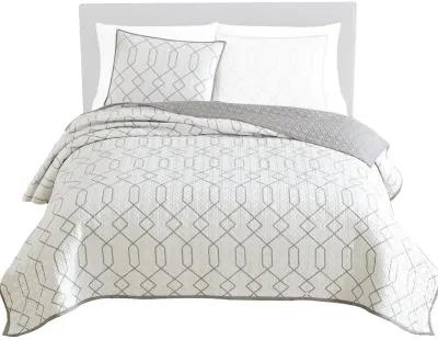 Jim 2 Piece Twin Size Reversible Coverlet Set, Geometric White and Gray - Benzara