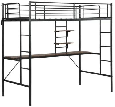 Metal Twin Loft Bed With Desk And Storage Shelves