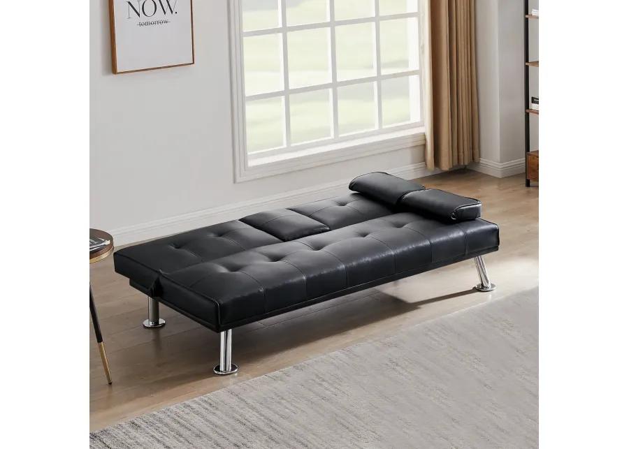 Modern Faux Leather Loveseat Sofa Bed With Cup Holders, Convertible Folding Sleeper Couch