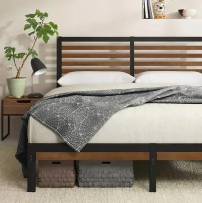 Metal Platform Bed Frame with Bamboo Wood Slat Headboard and Footboard