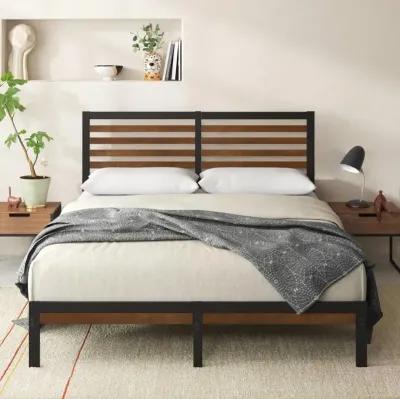 Metal Platform Bed Frame with Bamboo Wood Slat Headboard and Footboard