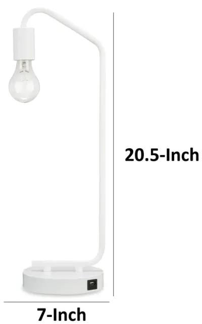 Colin 21 Inch Desk Lamp, White Metal Frame, Round Base, USB Charging Port - Benzara