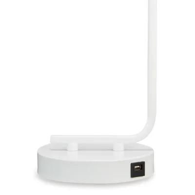 Colin 21 Inch Desk Lamp, White Metal Frame, Round Base, USB Charging Port - Benzara