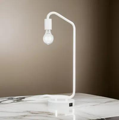 Colin 21 Inch Desk Lamp, White Metal Frame, Round Base, USB Charging Port - Benzara