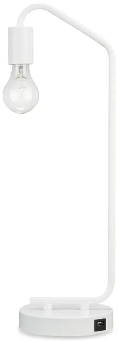 Colin 21 Inch Desk Lamp, White Metal Frame, Round Base, USB Charging Port - Benzara